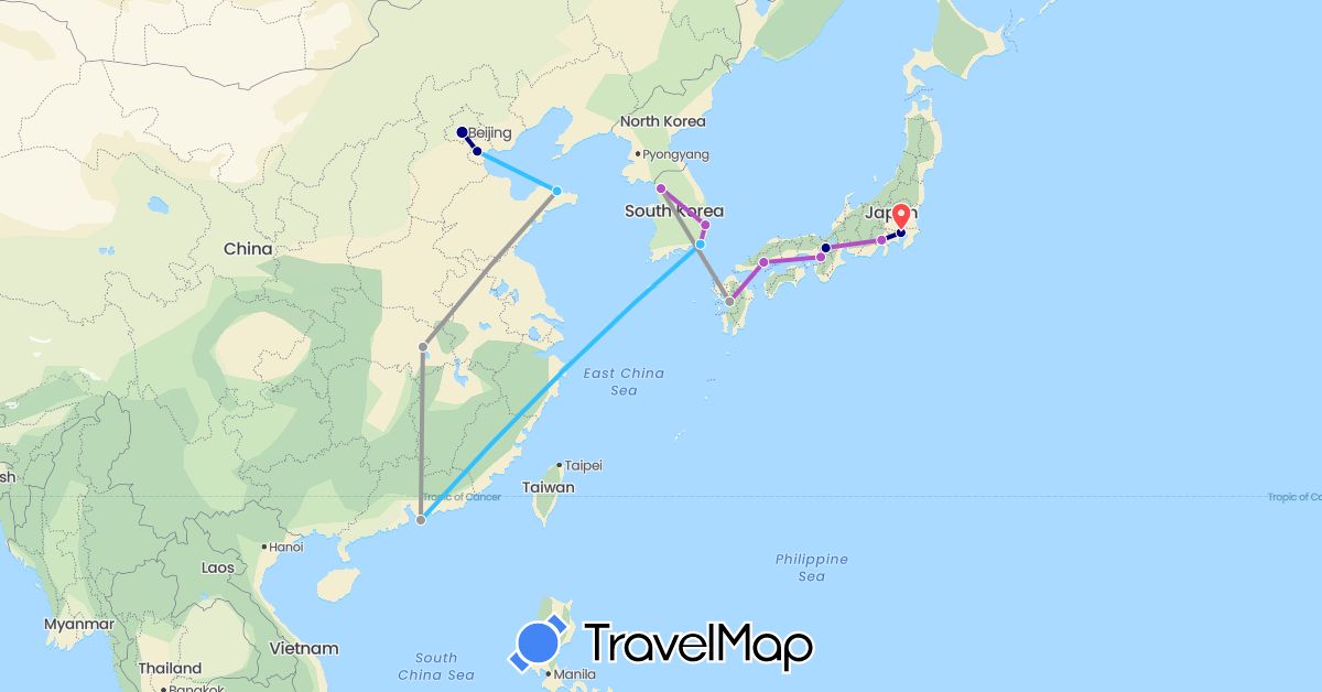 TravelMap itinerary: driving, plane, train, hiking, boat in China, Japan, South Korea (Asia)